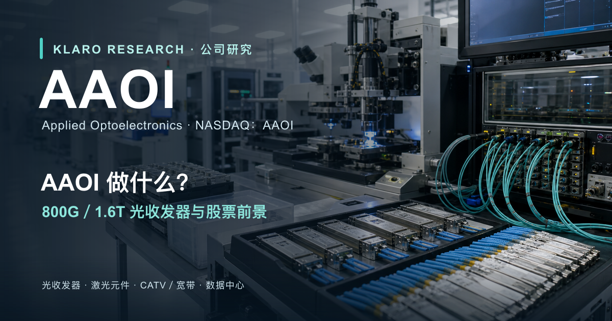 Applied Optoelectronics（AAOI）公司研究封面，展示数据中心高速光收发器、雷射与光纤测试工作流