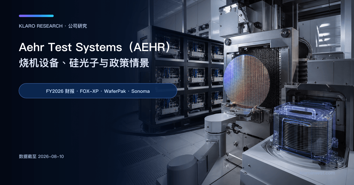 Aehr Test Systems（AEHR）公司研究封面，展示 300mm 晶圆、全晶圆接触介面、多槽烧机设备与自动晶圆处理