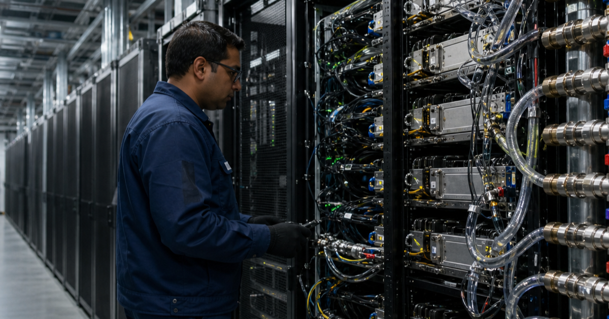 Alphabet（GOOGL）Google Cloud 与 TPU AI 基础设施公司研究封面，展示液冷加速器伺服器与工程师巡检