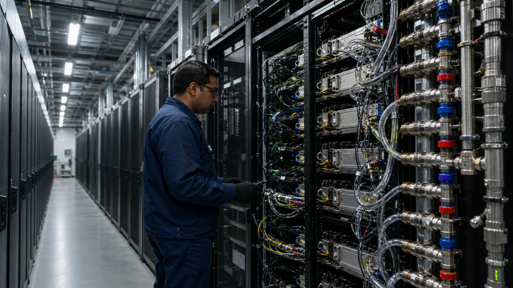 數據中心工程師在液冷 AI 加速器伺服器與管路前巡檢，展示 Alphabet 所處的真實雲端基礎設施環境