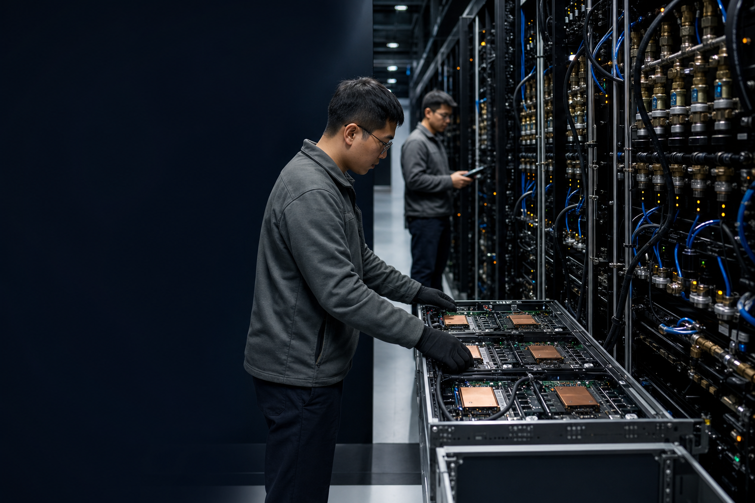 數據中心工程師在液冷 AI 伺服器與加速器機架前巡檢,展示 Amazon 所處的真實 AWS 基礎設施環境
