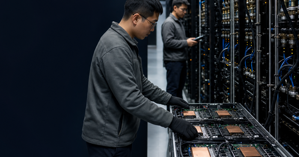 Amazon（AMZN）AWS AI 雲端公司研究封面，展示液冷伺服器、運算加速器與數據中心工程師