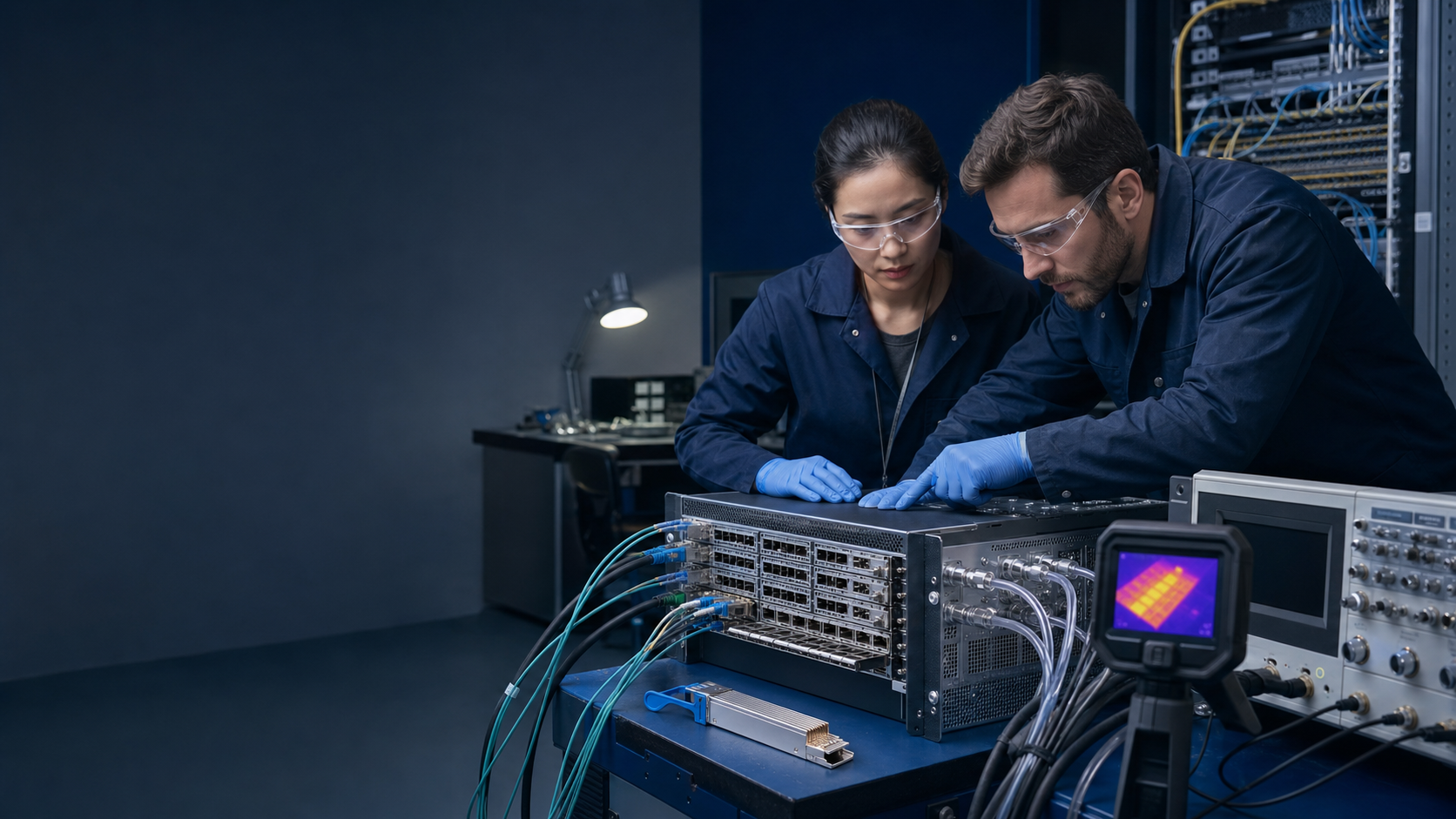 AI Ethernet 交換器、光互連與液冷的工程驗證教學視覺