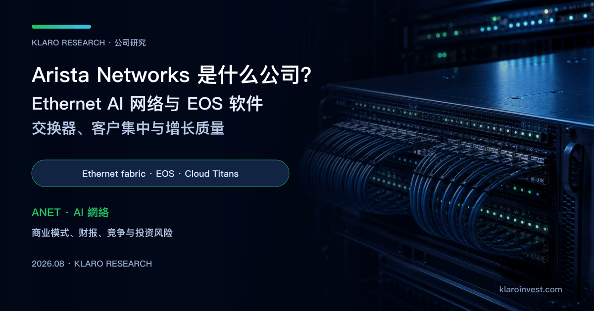 Arista Networks（ANET）公司研究封面，展示 Ethernet AI fabric、交换机与 EOS 软件