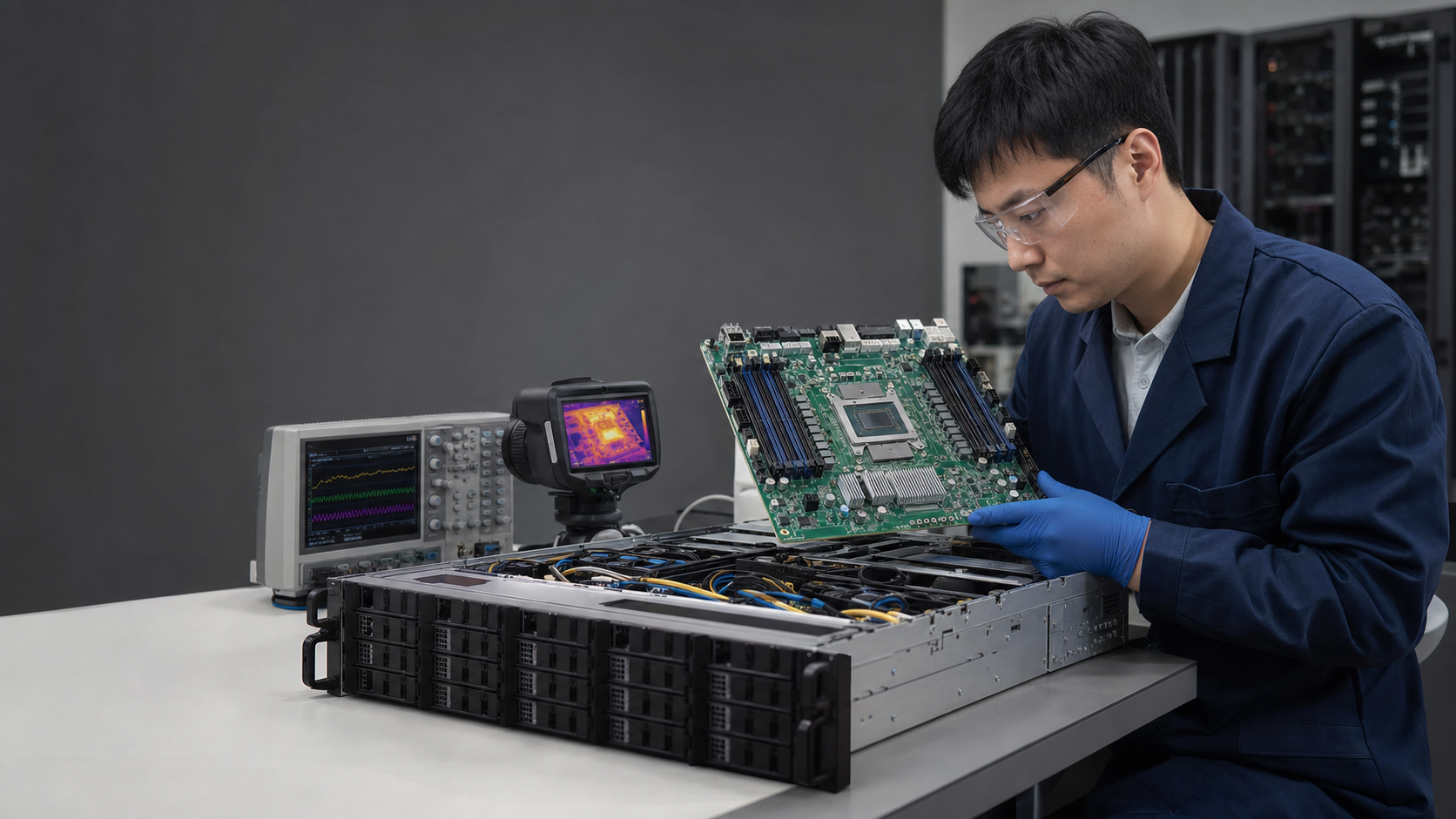 Arm CPU 伺服器主板在工程驗證室進行熱設計與訊號測試