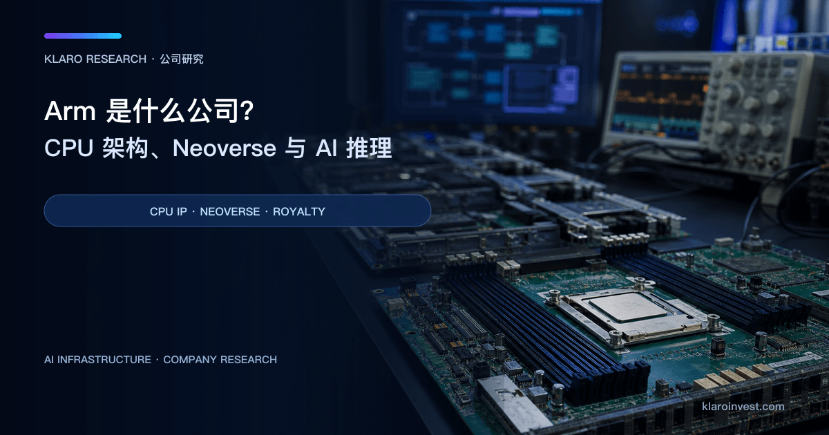 Arm（ARM）公司研究封面，展示数据中心 CPU 核心、定制 SoC 设计与 AI 伺服器主板