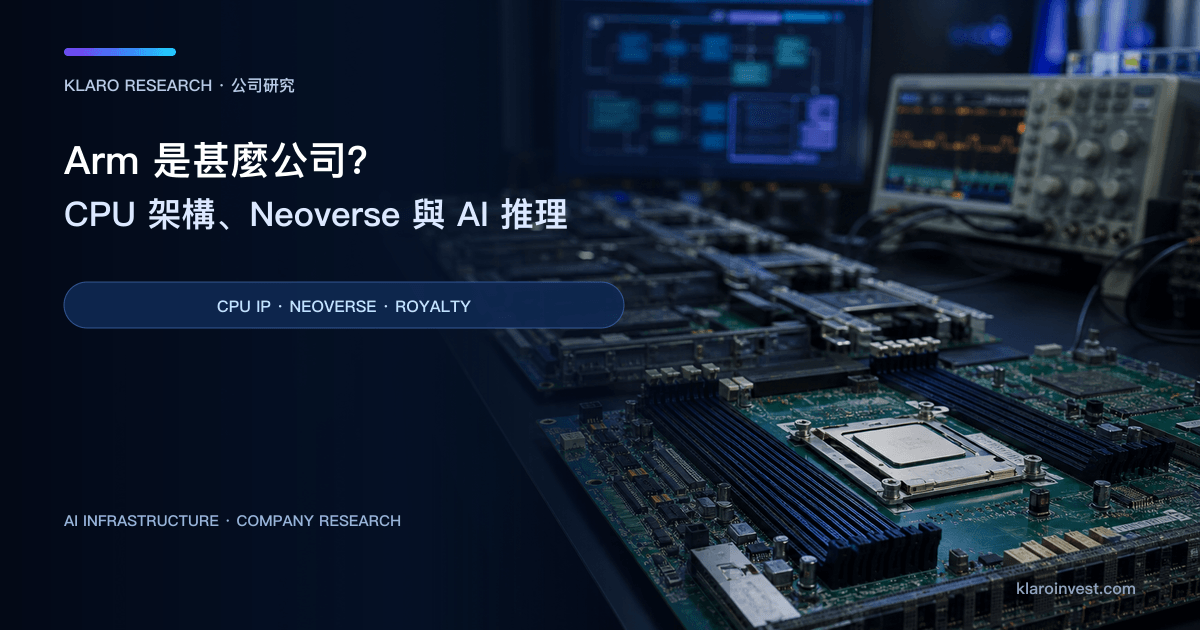 Arm（ARM）公司研究封面，展示資料中心 CPU 核心、客製 SoC 設計與 AI 伺服器主板