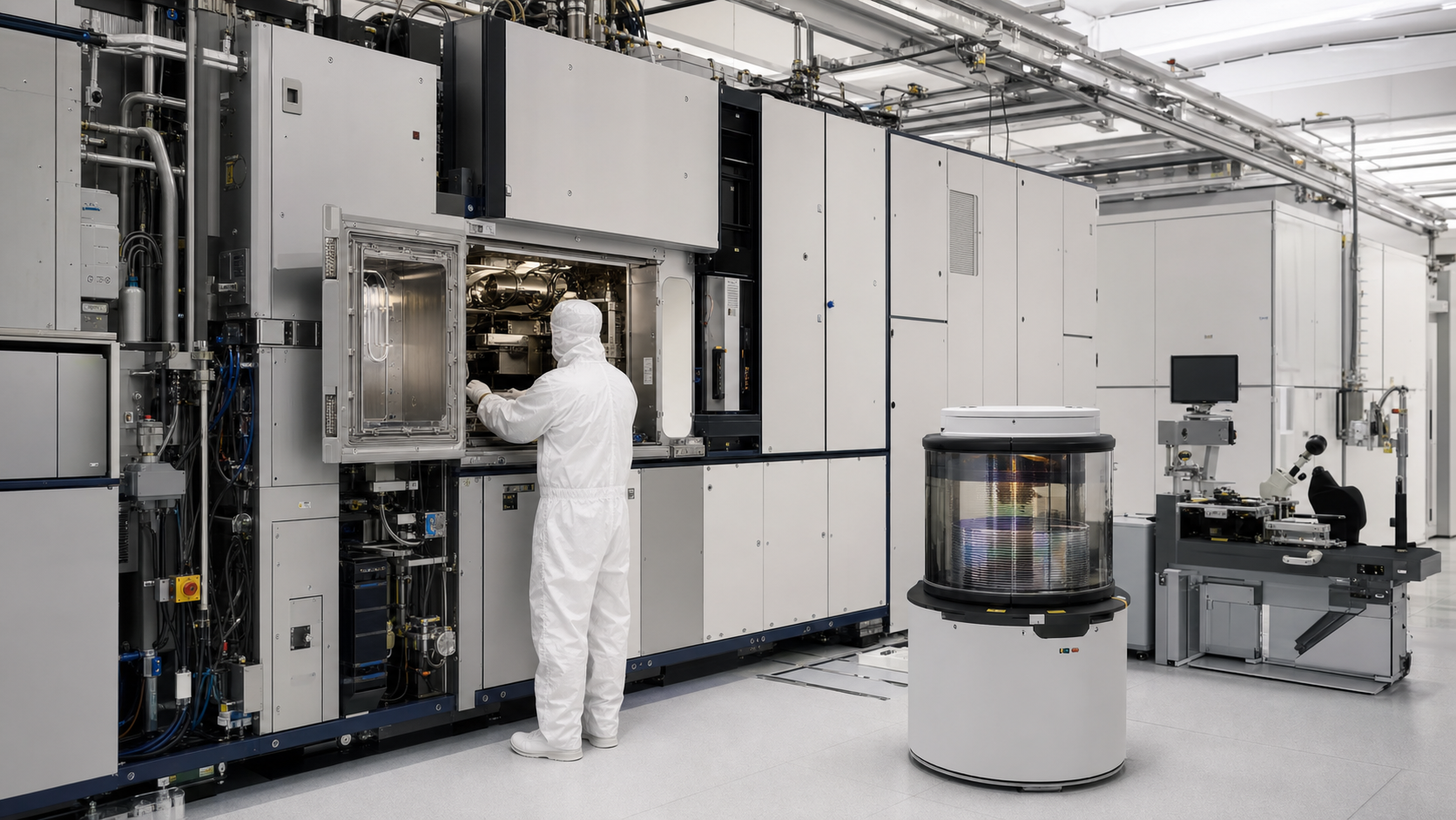 ASML EUV 光刻潔淨室與工程師維護晶圓台