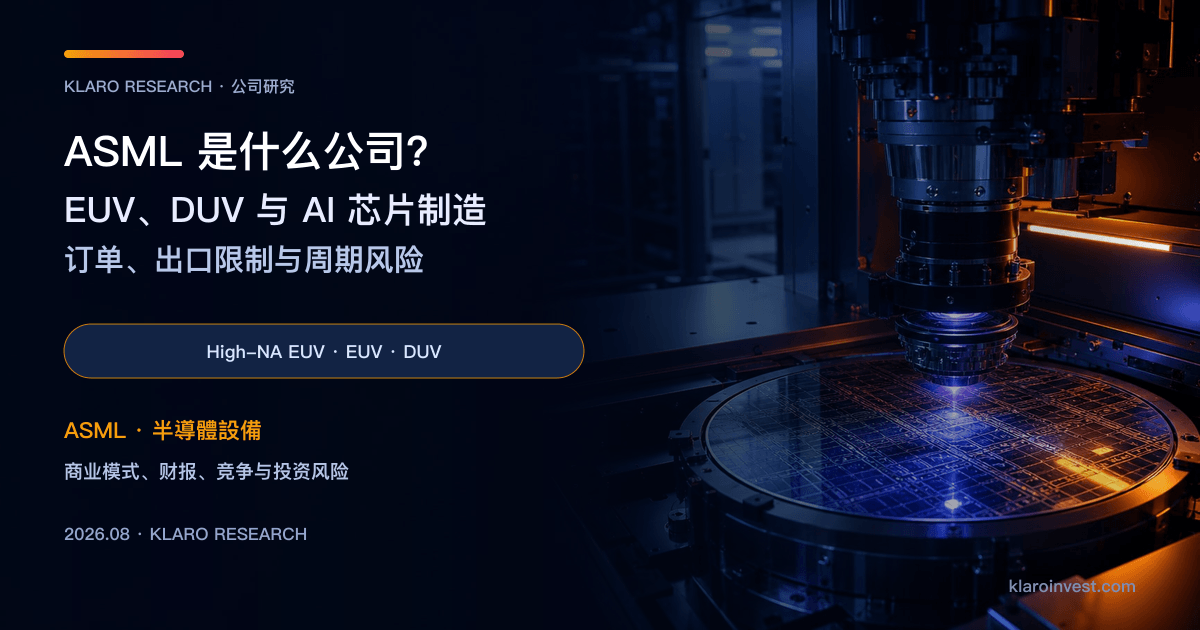 ASML（ASML）公司研究封面，展示 EUV、High-NA EUV、DUV 光刻设备与 AI 芯片晶圆
