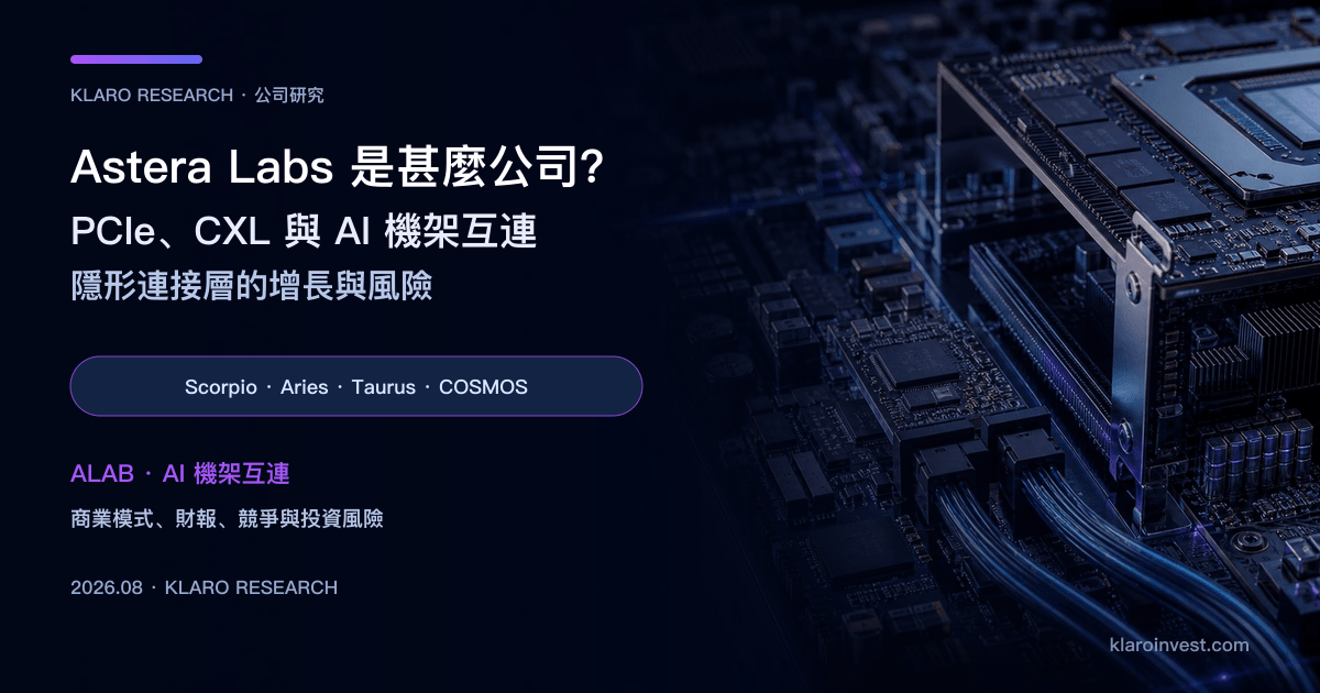 Astera Labs（ALAB）公司研究封面，展示 PCIe、CXL、Scorpio fabric switch 與 AI 機架互連