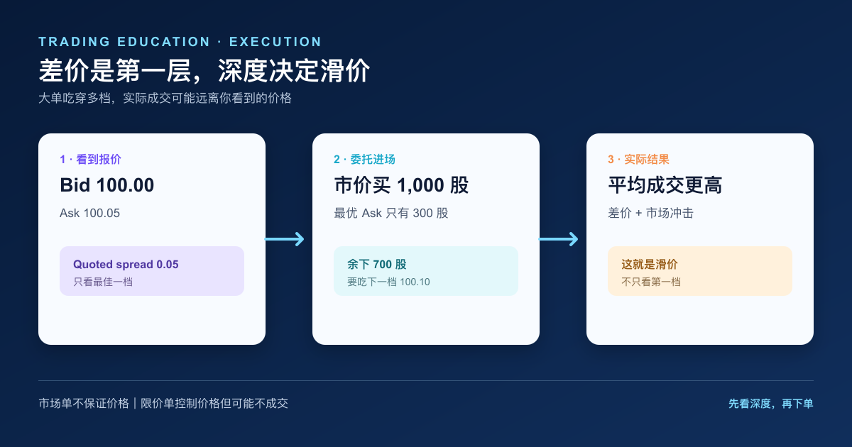 由最佳报价、1,000 股市价买单到平均成交价与滑价的简体中文流程图
