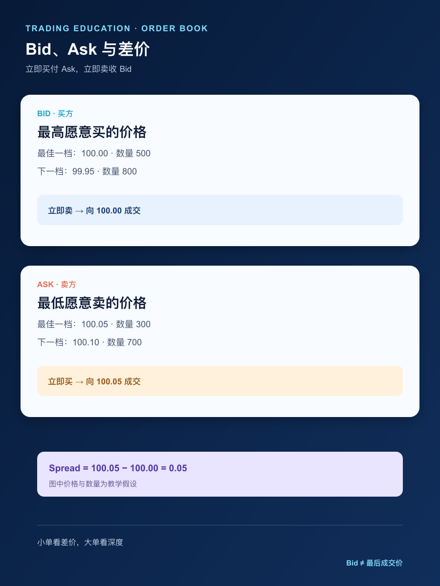 Bid、Ask、Mid price 和买卖差价在手机盘口中的简体中文示意图