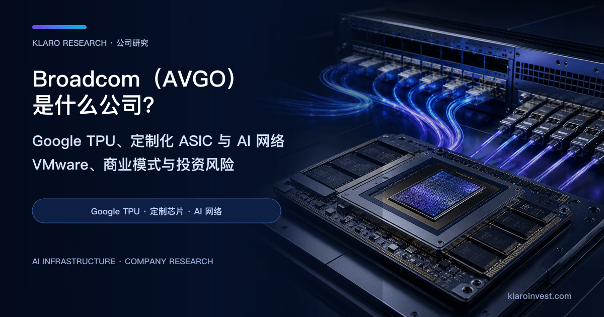 Broadcom（AVGO）个股研究封面，展示定制化 AI 加速器、Ethernet 网络与光互连，并标示 VMware 基础设施软件、商业模式、竞争与投资风险