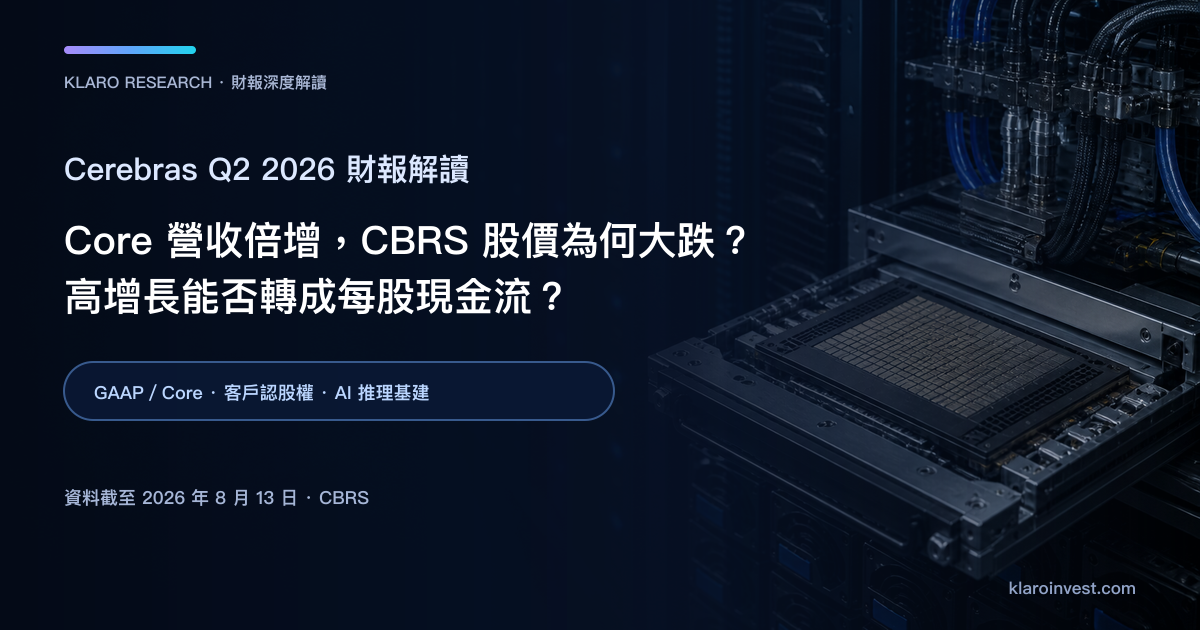 Cerebras CBRS Q2 2026 財報後深度解讀封面，呈現晶圓級 AI 處理器、液冷機櫃與資料中心容量建設