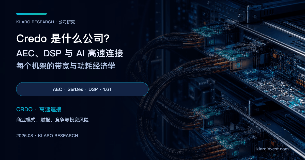 Credo Technology（CRDO）公司研究封面，展示 AI 机架内的高速 AEC、光互连与讯号验证设备