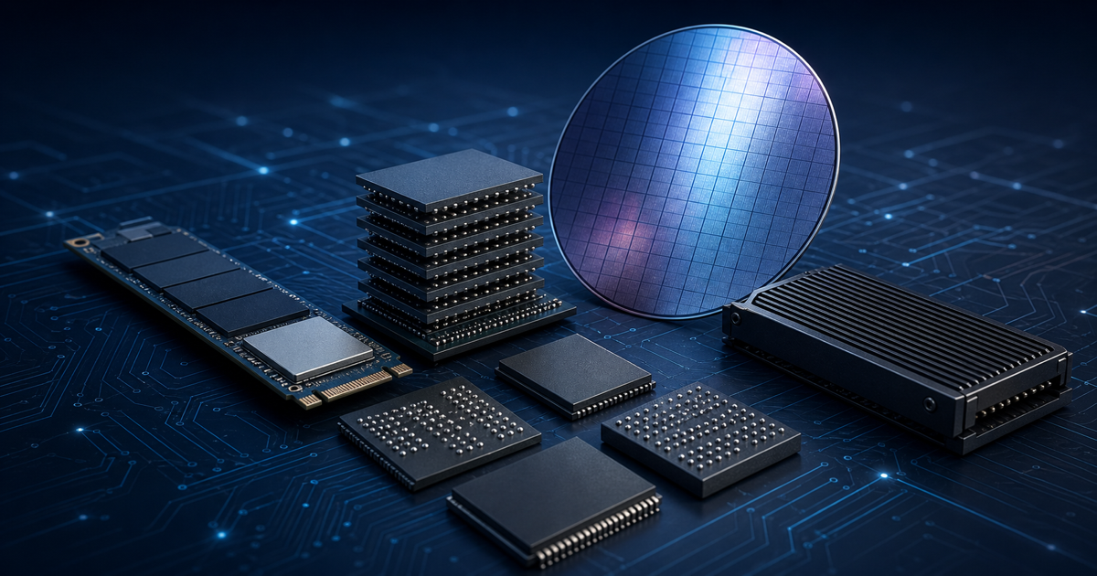 多種 NAND 存儲芯片、固態存儲模塊與晶圓組成的記憶體產業組合概念圖