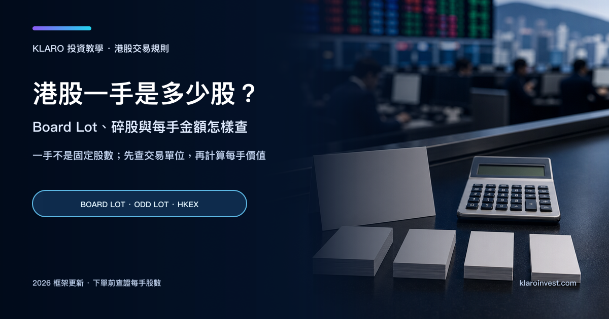 港股一手與 Board Lot 教學封面，右側以交易櫃檯、空白訂單卡和計算器呈現每手股數與金額的關係
