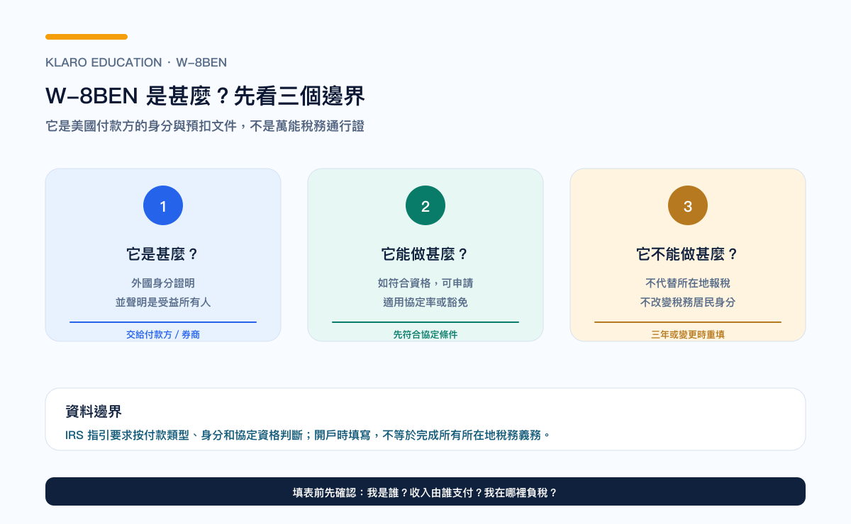 W-8BEN 的三个边界：外国身分、可能的协定待遇与所在地税务限制