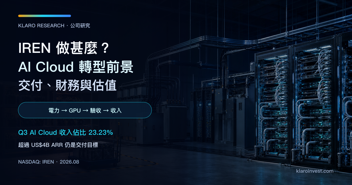 IREN 公司研究封面，展示比特幣礦機、電力基建與液冷 GPU 資料中心的轉型