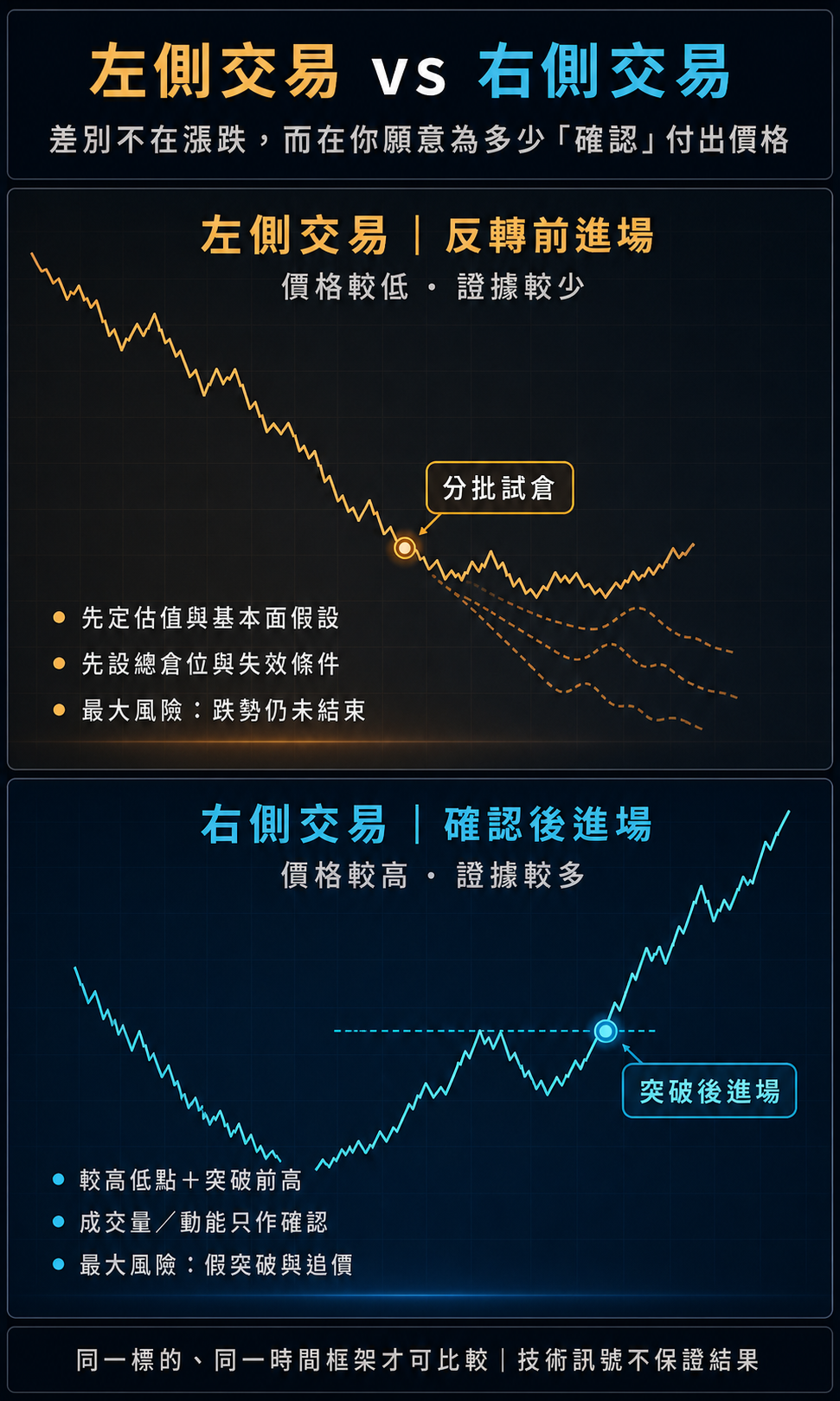 左側交易與右側交易的價格、證據、進場條件及主要風險手機直式繁體中文比較圖