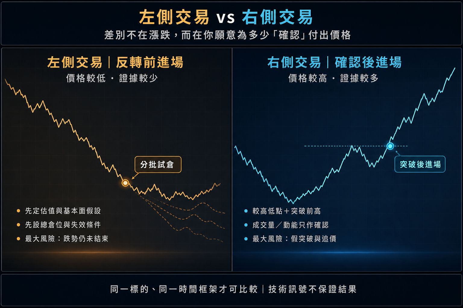 左側交易與右側交易的價格、證據、進場條件及主要風險繁體中文比較圖