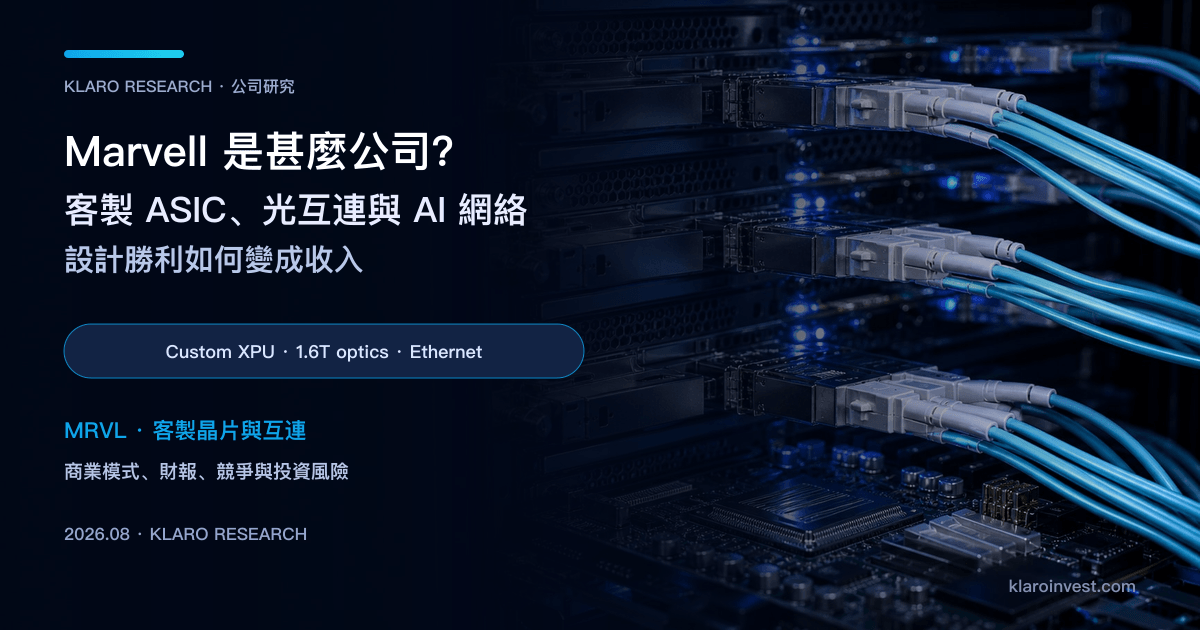 Marvell（MRVL）公司研究封面，展示客製 AI ASIC、1.6T 光互連與 Ethernet 網絡