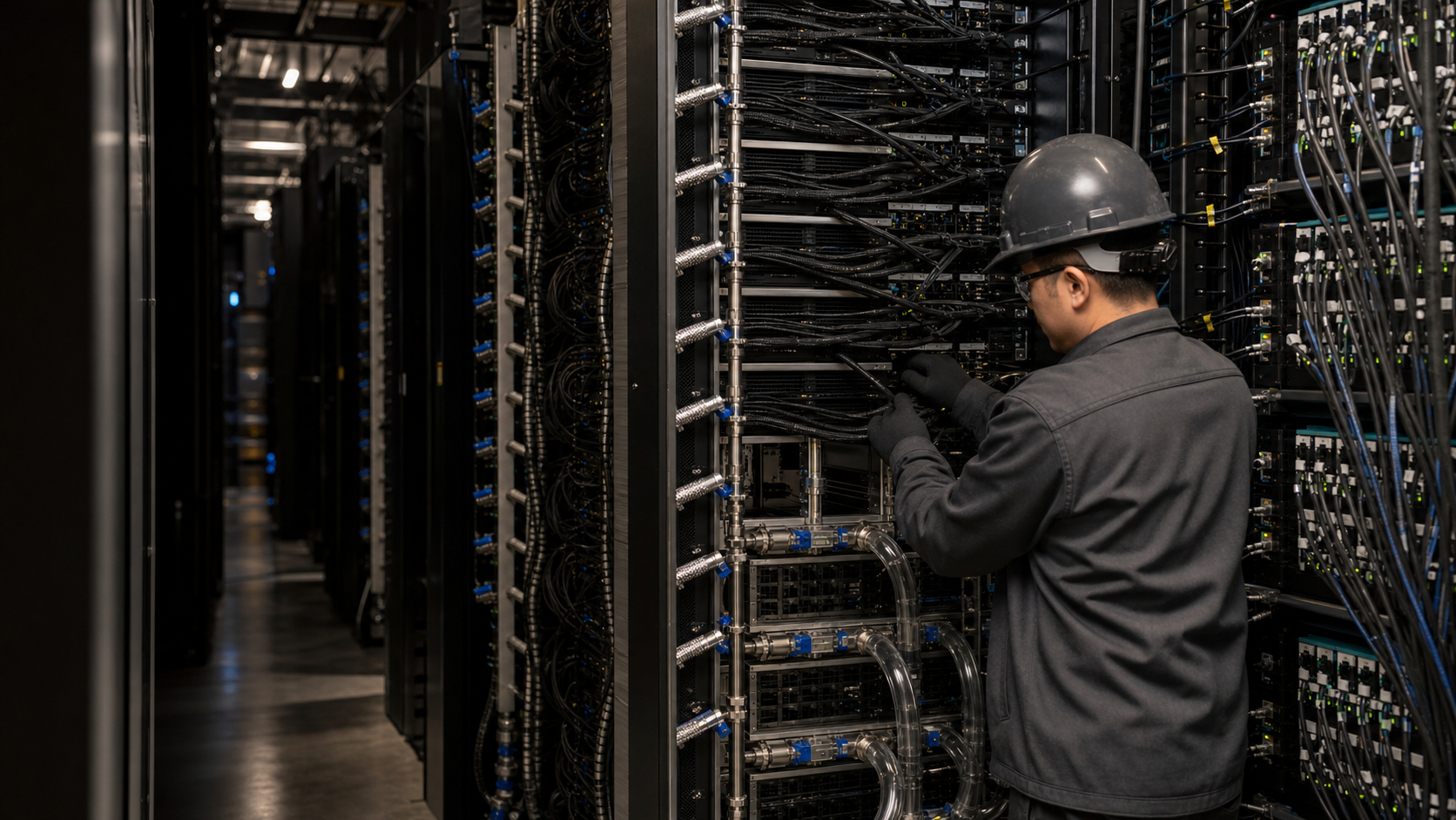 數據中心工程師在液冷 AI 加速器伺服器與高速網絡機架前巡檢,展示 Meta 所處的真實 AI 基礎設施環境