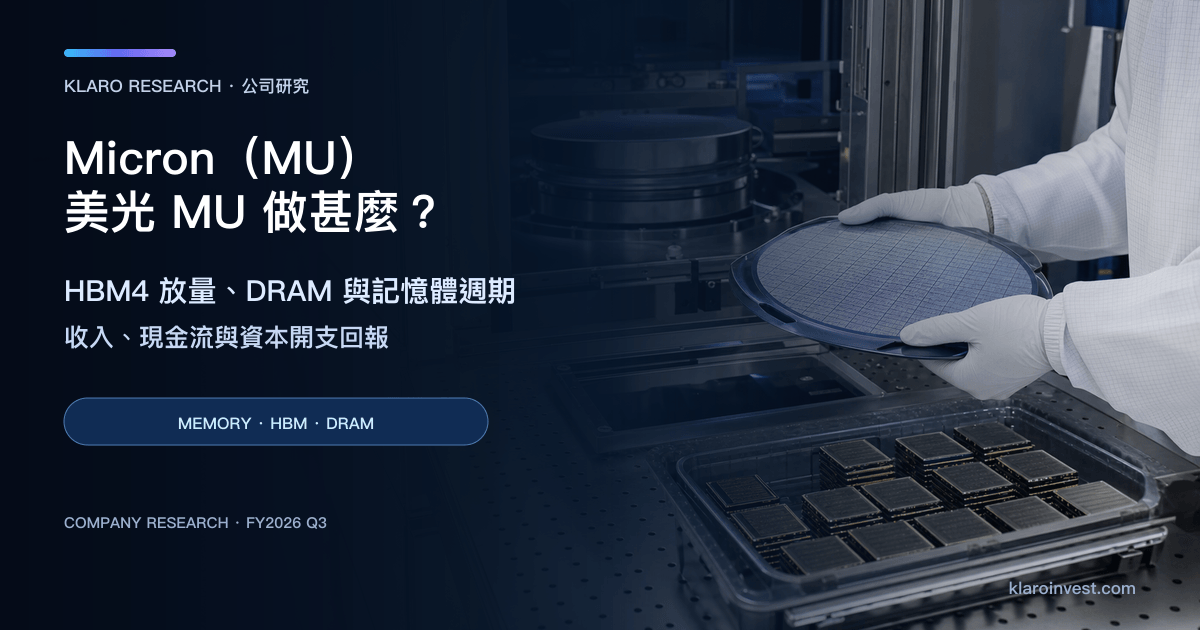 美光（MU）公司研究封面，展示潔淨室內的晶圓、HBM 封裝樣品與記憶體製造流程