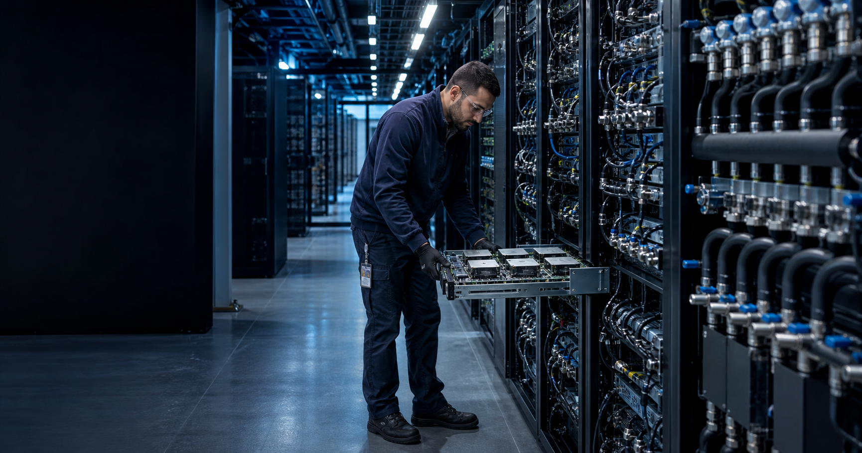 數據中心工程師在液冷 GPU 伺服器機架前巡檢,展示 Microsoft 所處的真實 AI 雲端基礎設施環境