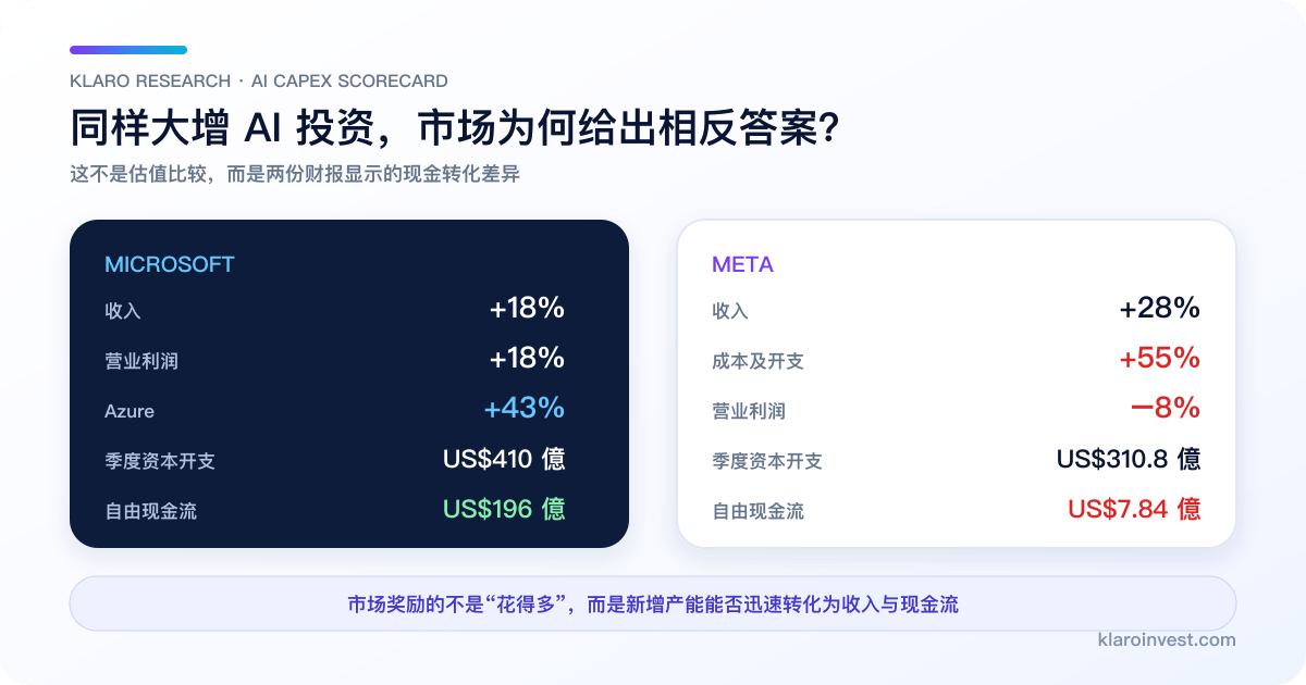 微軟與 Meta AI 資本開支、盈利及自由現金流簡體中文比較圖