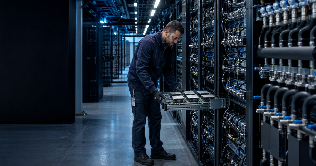 Microsoft（MSFT）AI 雲端公司研究封面，展示數據中心 GPU 伺服器、液冷管路與工程師巡檢
