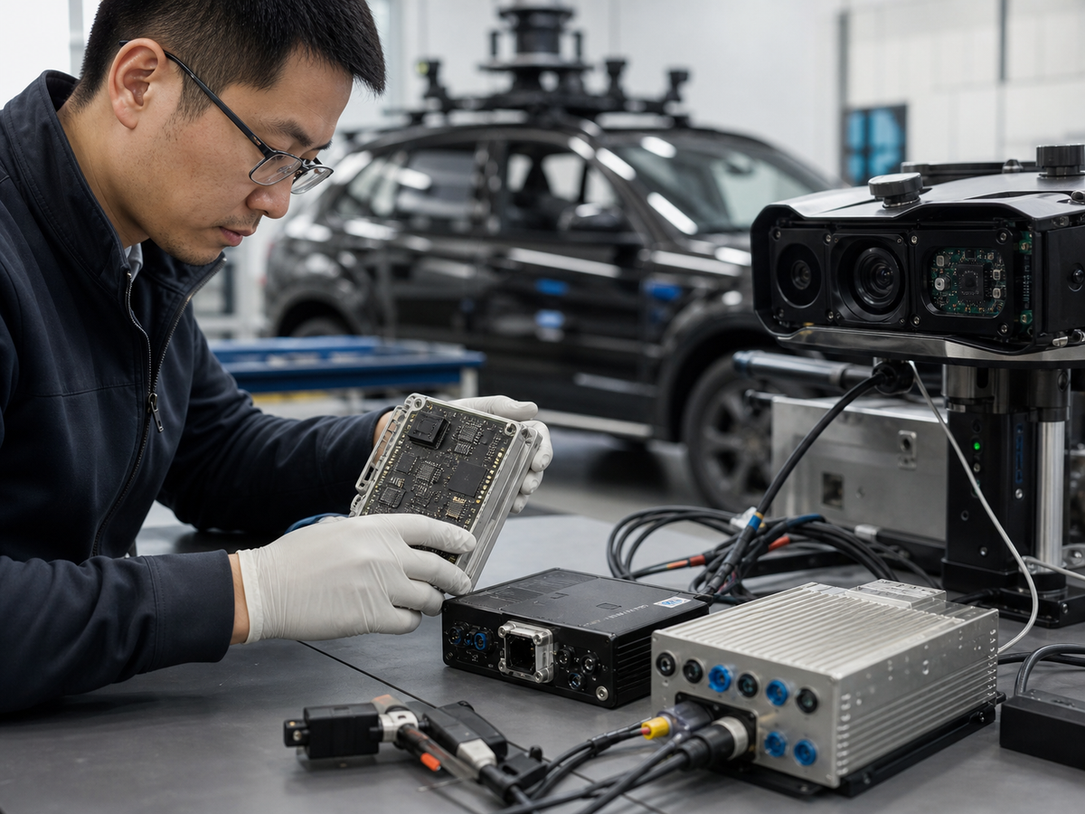 工程師在車輛驗證實驗室檢查無品牌感知模組與資料記錄器
