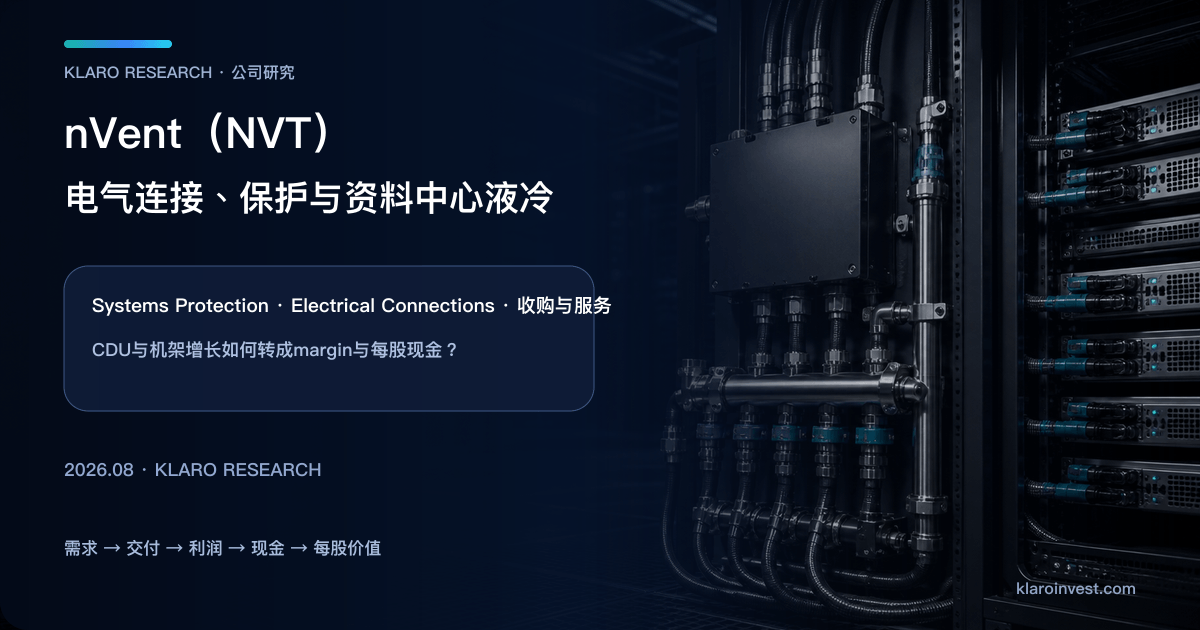 nVent NVT 公司研究封面，展示数据中心机架液冷与电气连接保护的业务位置