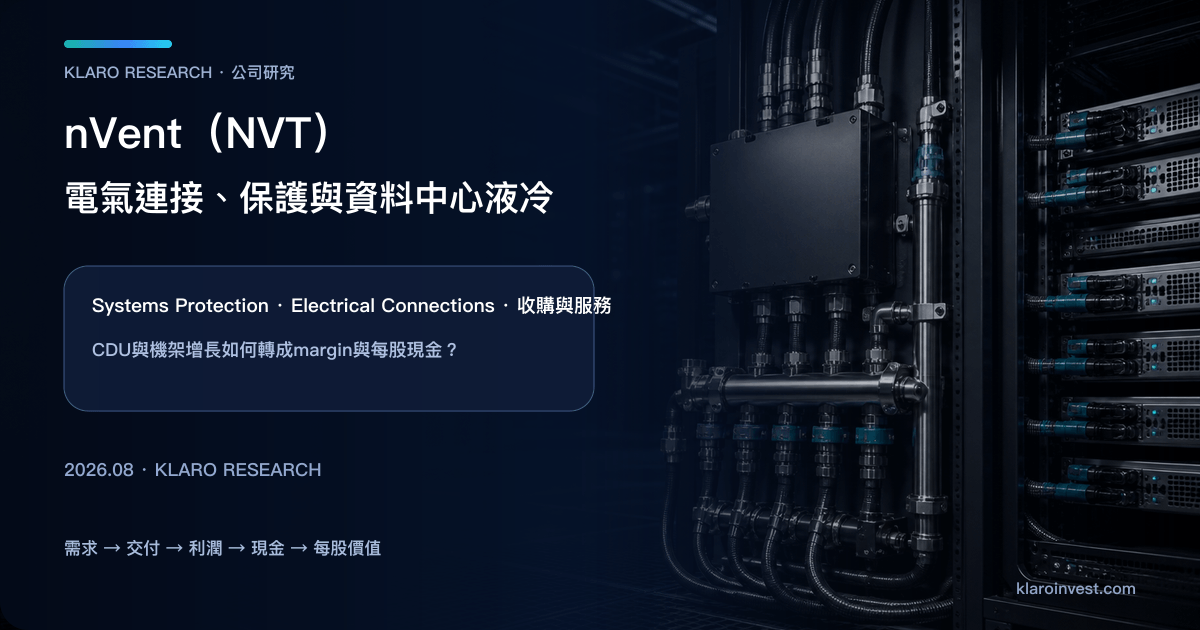 nVent NVT 公司研究封面，展示資料中心機架液冷與電氣連接保護的業務位置