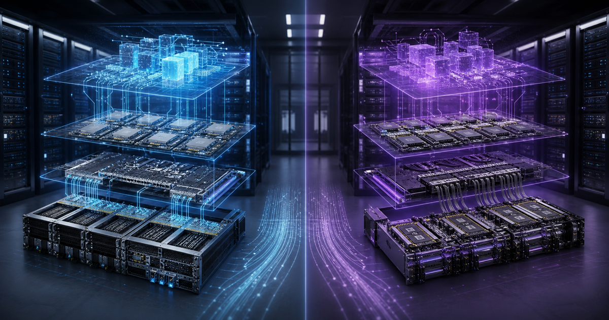 兩套不同架構的數據中心加速器機櫃與軟件網絡層並列，表現 AI GPU 平台之間的競爭