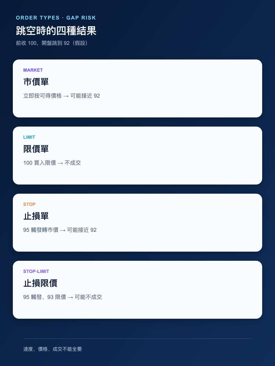市场跳空时市价单、限价单、止损单和止损限价单的手机直式执行比较图