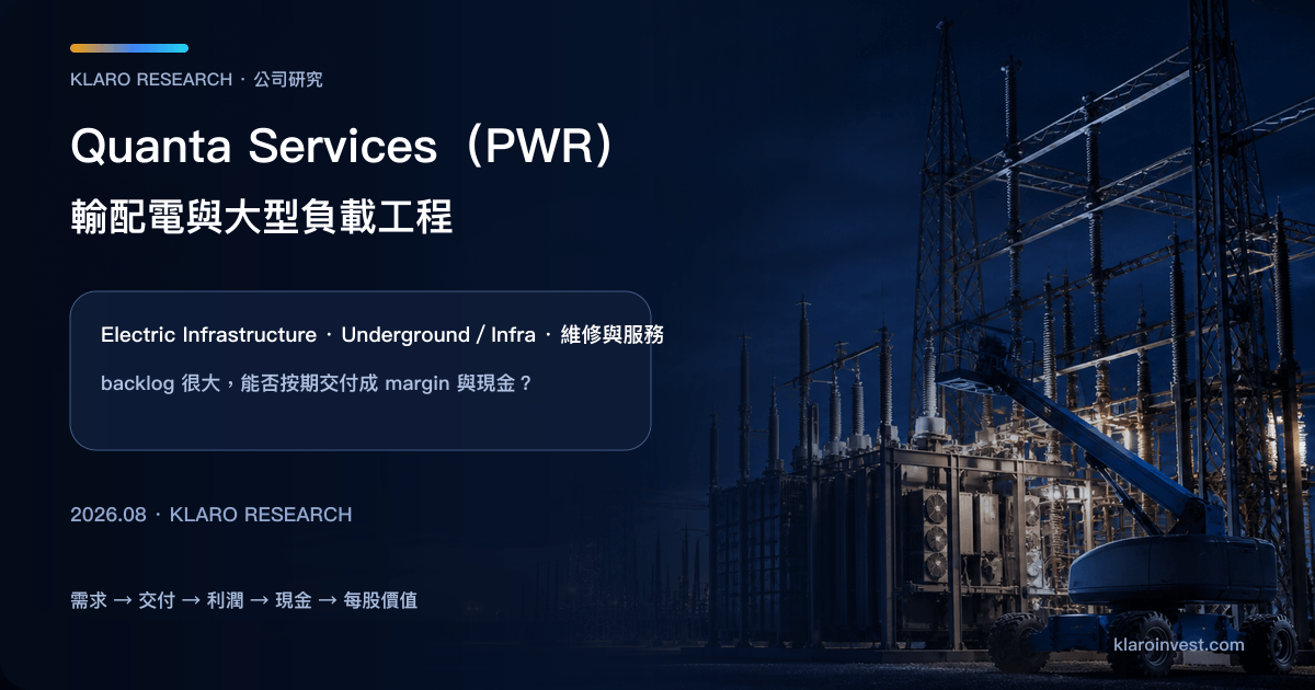 Quanta Services PWR 公司研究封面，展示輸配電工程由 backlog 進入施工交付與現金流