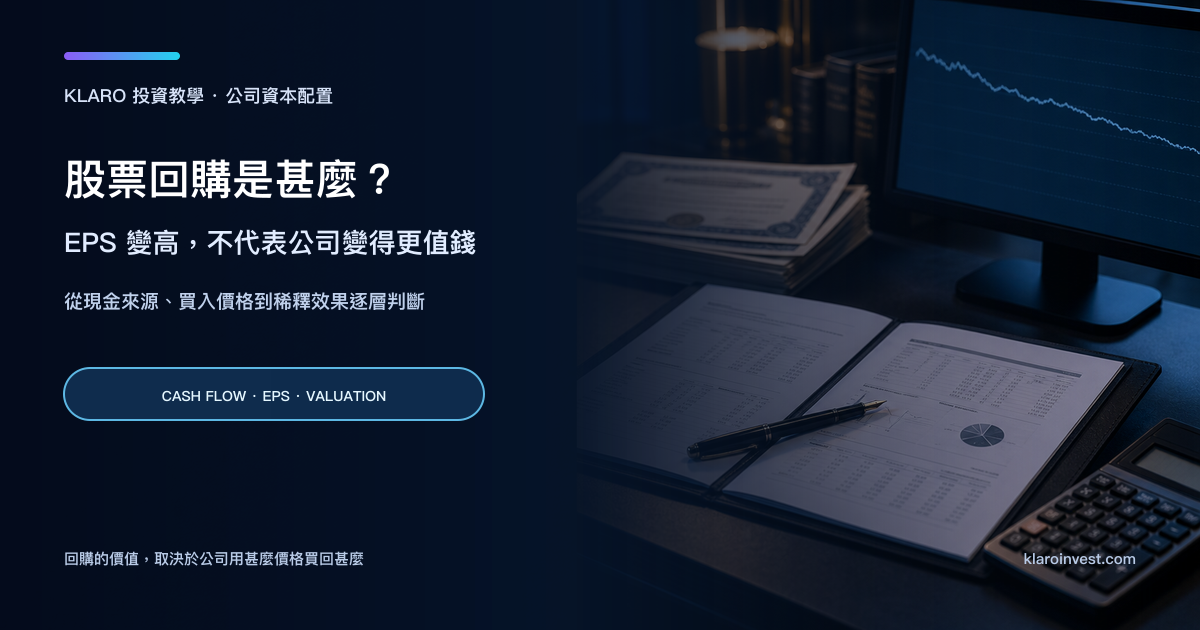 股票回購與資本配置的金融研究桌面，旁邊有財報、計算機、股票文件和股數走勢螢幕