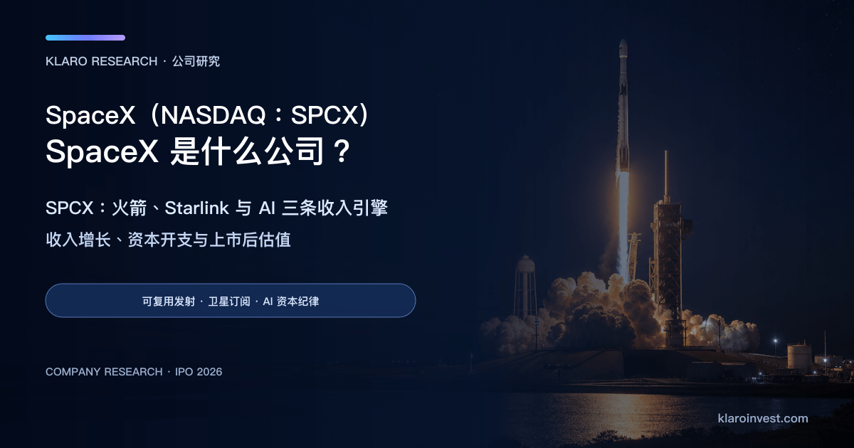 SpaceX（SPCX）公司研究封面，以可重用火箭在沿海发射场升空呈现发射业务与 Starlink 卫星网络