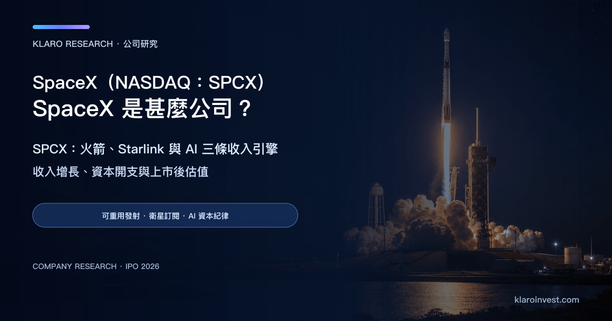 SpaceX（SPCX）公司研究封面，以可重用火箭在沿海發射場升空呈現發射業務與 Starlink 衛星網絡