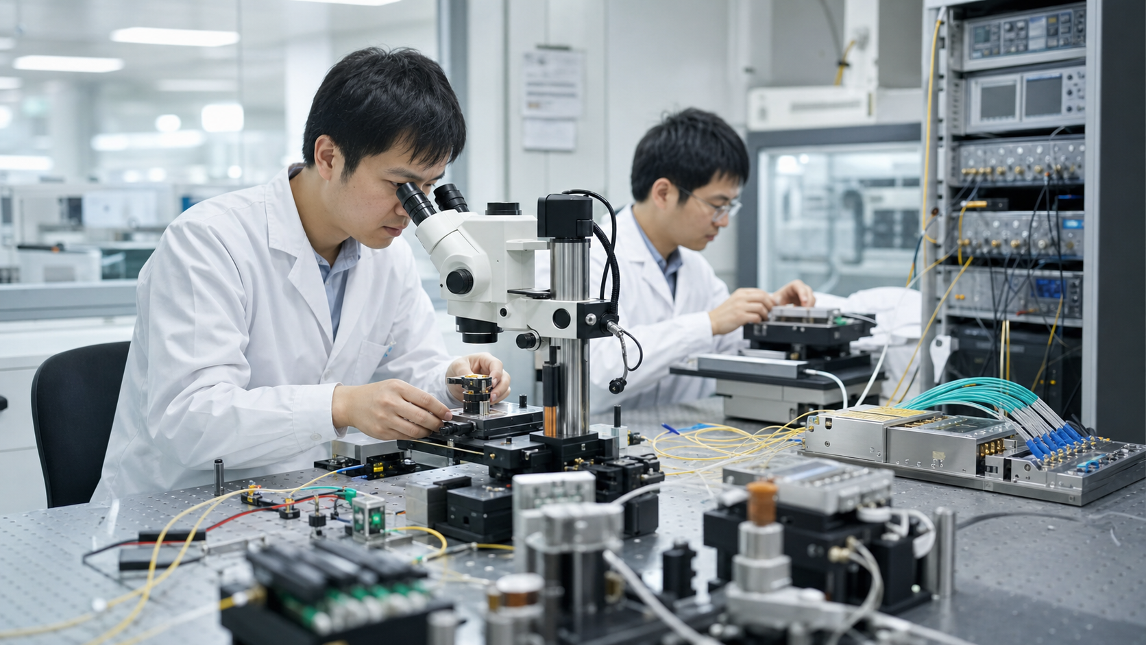 天孚通信精密光電封裝實驗室，工程師以顯微鏡對準 FAU、微光學元件與高速光引擎