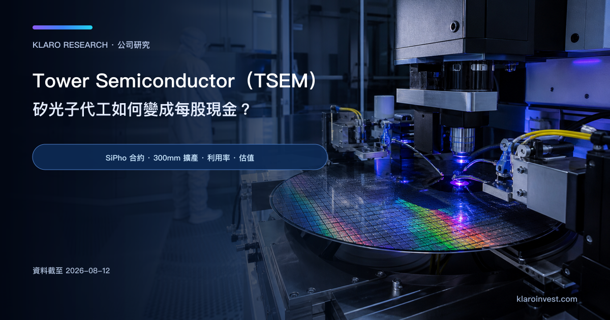 Tower Semiconductor（TSEM）公司研究封面，展示矽光子晶圓在潔淨室接受光學量測
