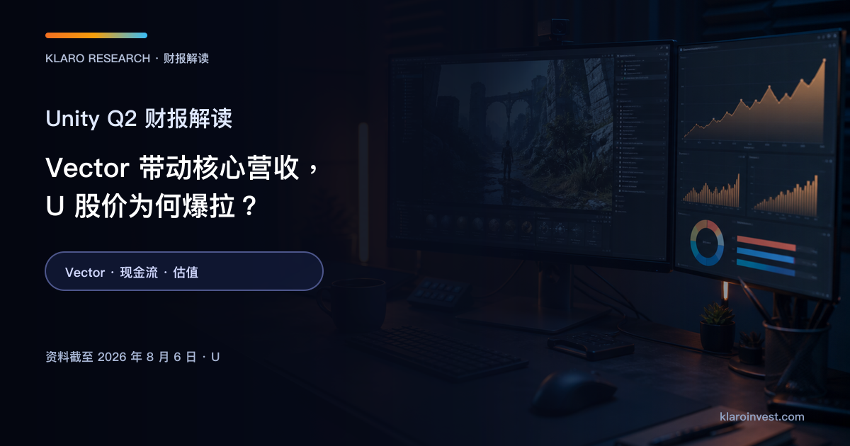 Unity U Q2 2026 财报解读封面，展示游戏引擎工作站与即时广告分析画面