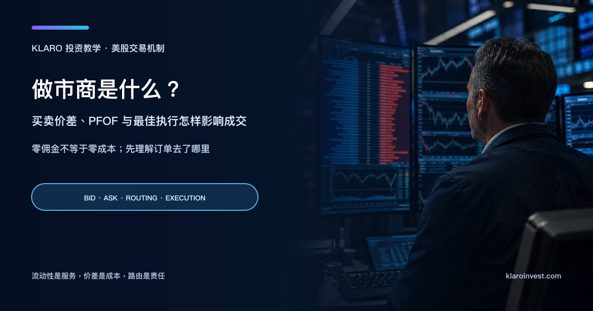 做市商封面，交易员在显示买价卖价与订单簿的电子交易室工作