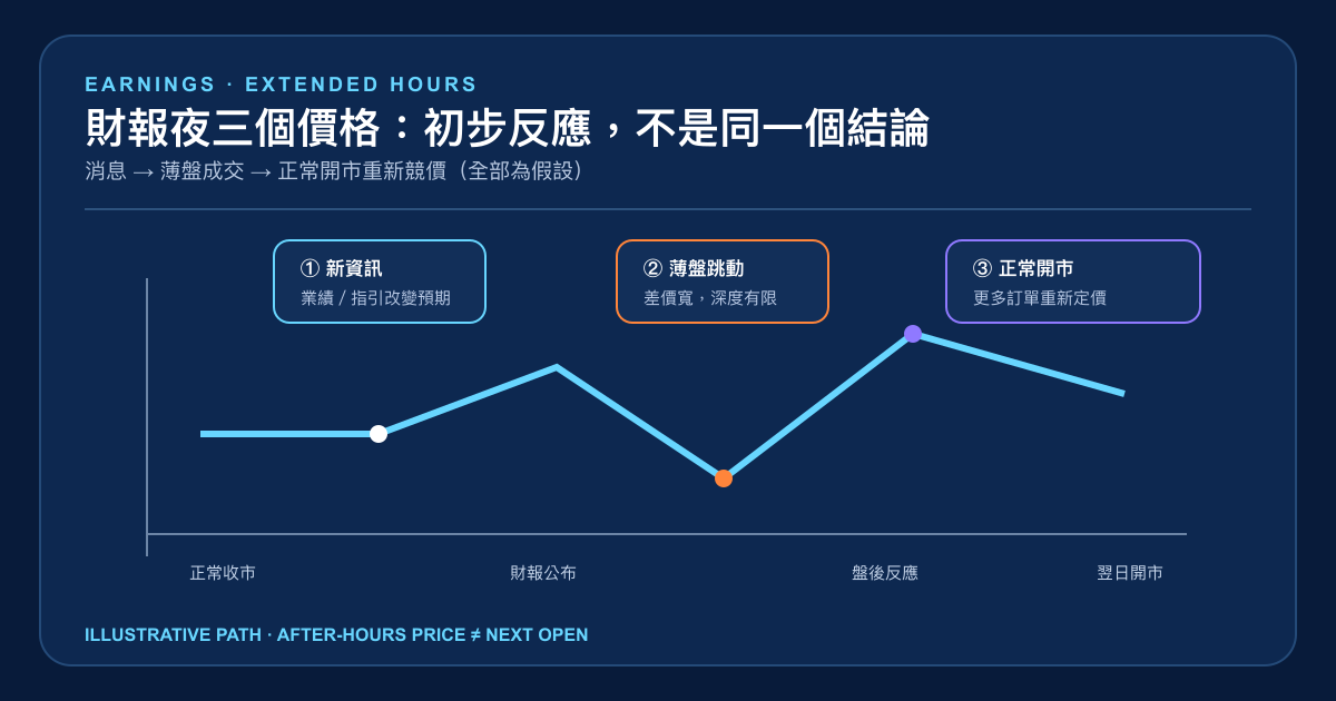 財報盤後消息由薄盤初步反應到翌日正常開市重新定價的繁體中文流程圖