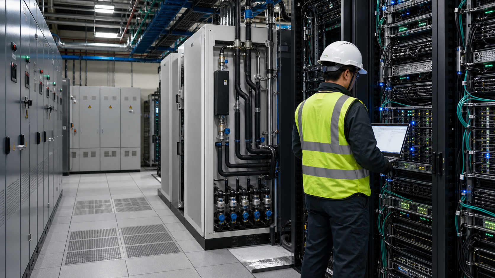 Vertiv AI 資料中心 UPS、配電櫃、液冷 CDU 與工程師驗收伺服器機架