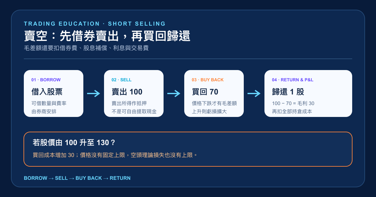 賣空借券、賣出、買回、歸還及計算盈虧成本的繁體中文流程圖